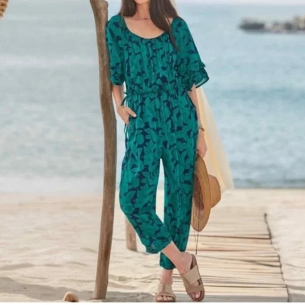 Sundance Floral Print Jumpsuit Green Blue Drawstring Waist Ruffle Sleeve Casual